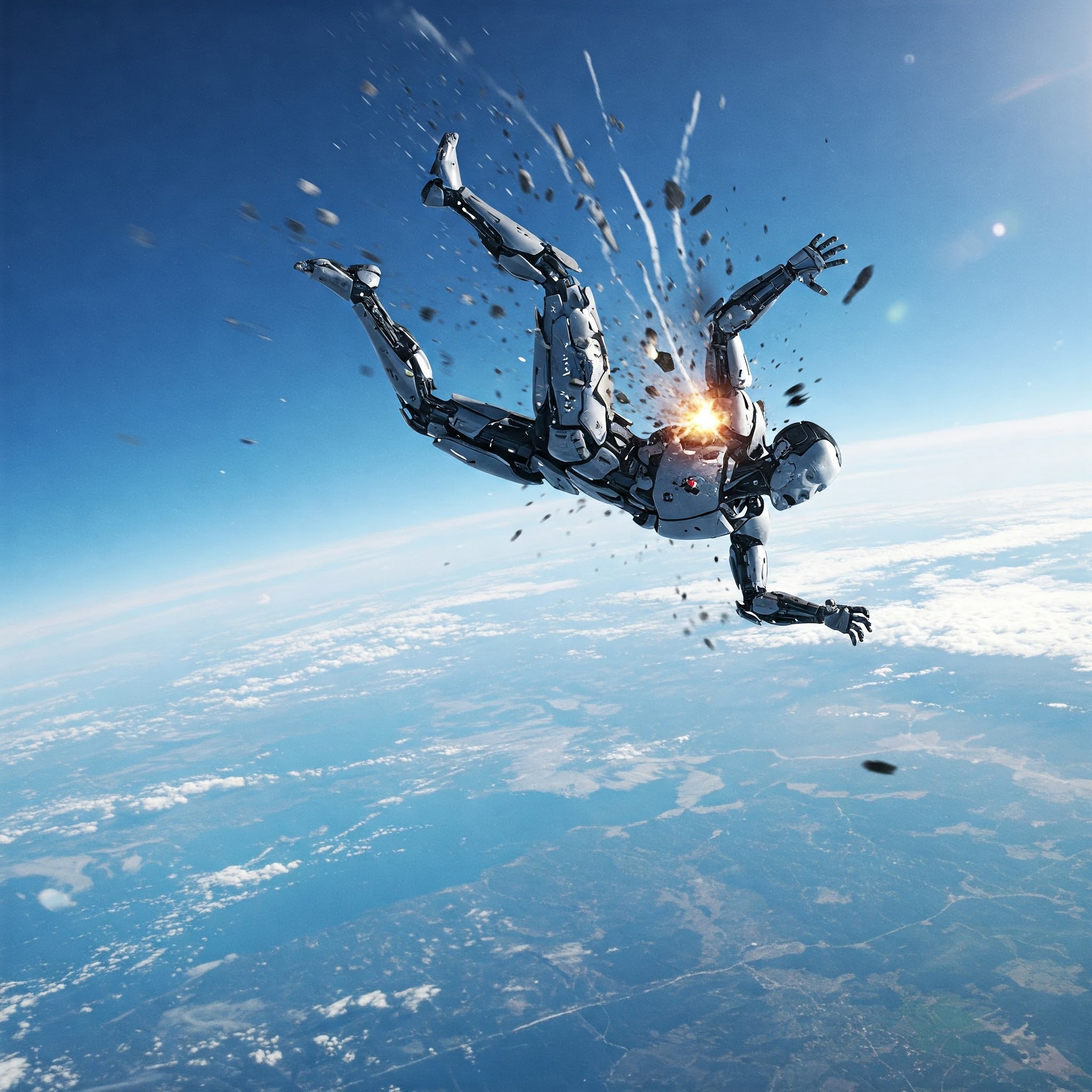 Cyborg falling quicking through atmosphere to earth 