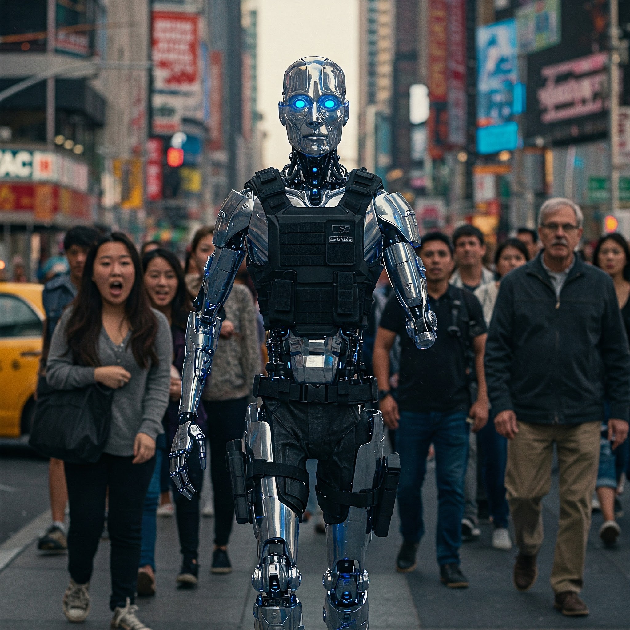 Close-up of cybog with distressed look on his face with people in foreground looking at him in terror & screeming on a busy city sidewalk