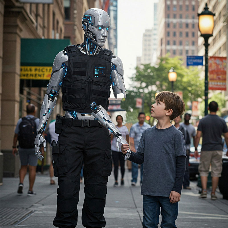 Cyborg looking down at a 10-year-old boy who is handing him his detacted arm